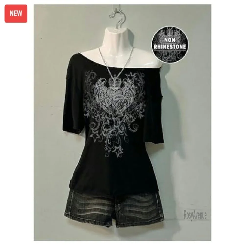 Oversized Off Shoulder Graphic Tee Short Sleeve Y2K Goth T-Shirt - Picture 4 of 6